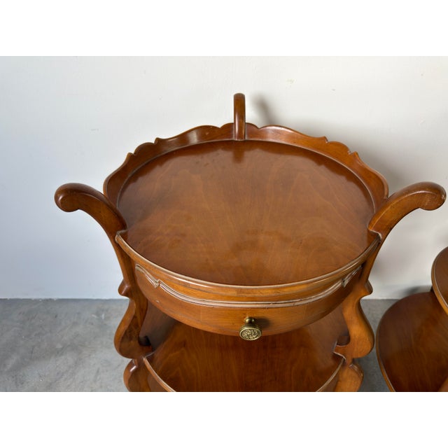 Brown Vintage Grosfeld House Three Tier Walnut Side Tables With Drawer – A Pair For Sale - Image 8 of 12