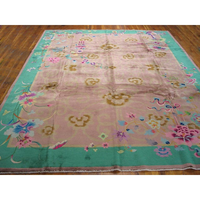 Wool Rectangle Room Size Coral Antique Chinese 1920s Knotted – Art Deco Rug, Circa Date: 1920s. This exceptional piece is...