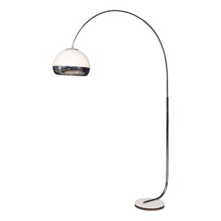Vintage Italian Chrome Arc Floor Lamp with Opaline Shade, 1970s For Sale