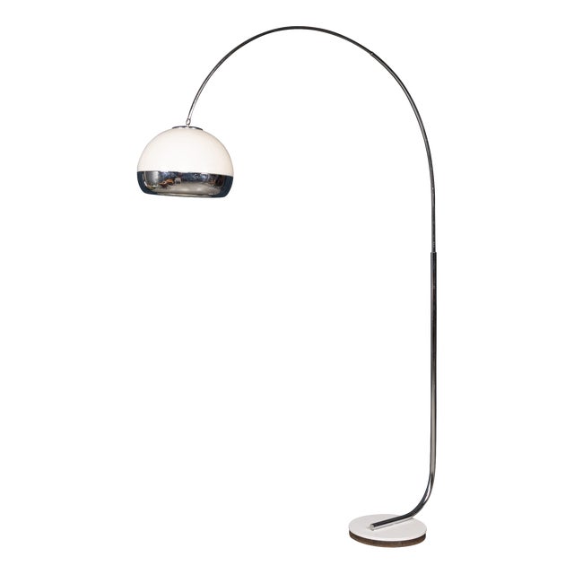 Vintage Italian Chrome Arc Floor Lamp with Opaline Shade, 1970s For Sale