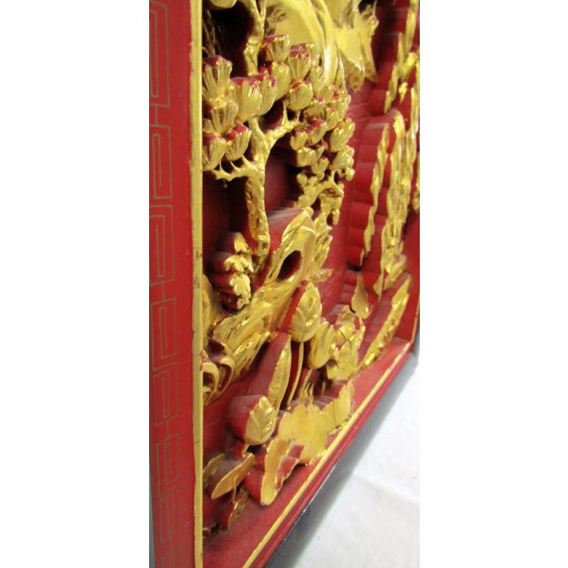 Red Early 20th Century Chinese Black Lacquer Painted and Carved Gold Giltwood Wall Hanging Panels - a Pair For Sale - Image 8 of 12