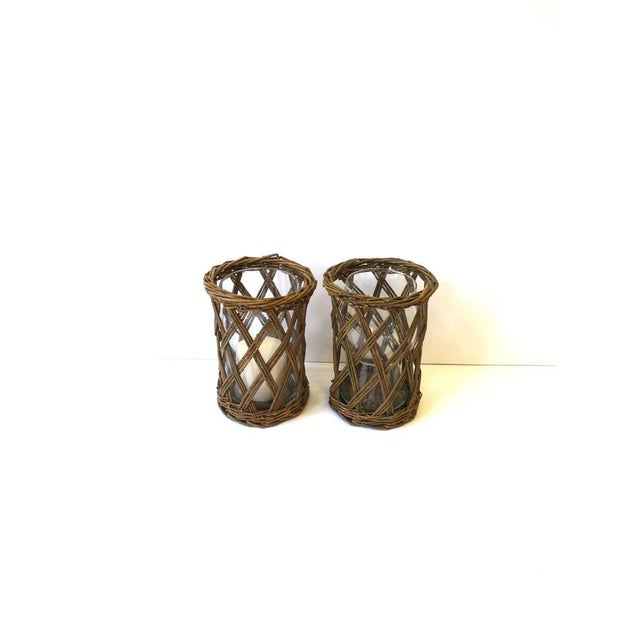 American Hurricane Candles Lamps Wicker and Glass, Pair For Sale - Image 3 of 9