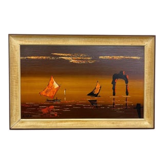 1970s Framed Modern Coastal Sailboat Landscape Painting Signed "Linda" - Abstract Seascape Wall Art For Sale