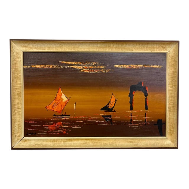 1970s Framed Modern Coastal Sailboat Landscape Painting Signed "Linda" - Abstract Seascape Wall Art For Sale