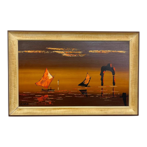 1970s Framed Modern Coastal Sailboat Landscape Painting Signed "Linda" - Abstract Seascape Wall Art