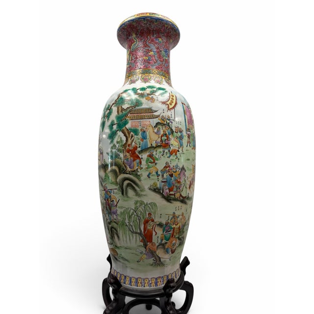 Late 20th Century Monumental Chinese Famille Rose Battle Scene Porcelain Floor Vase & Stand For Sale - Image 5 of 6