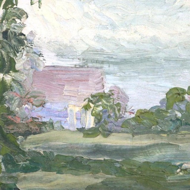 This antique oil on board painting is an impressionist landscape attributed to the New Hope School, dating circa 1920. The...