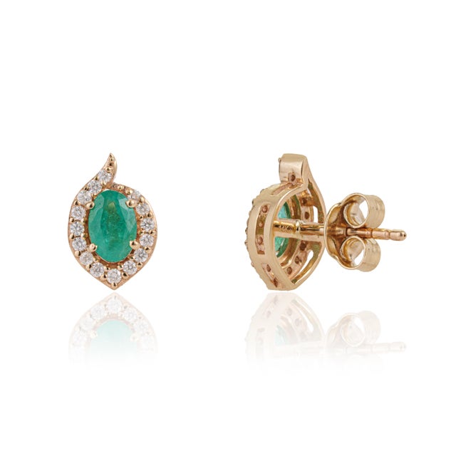 Metal VRJewels Natural Zambian Emerald Studs With Halo Diamonds in 14k Yellow Gold- A Pair For Sale - Image 7 of 16
