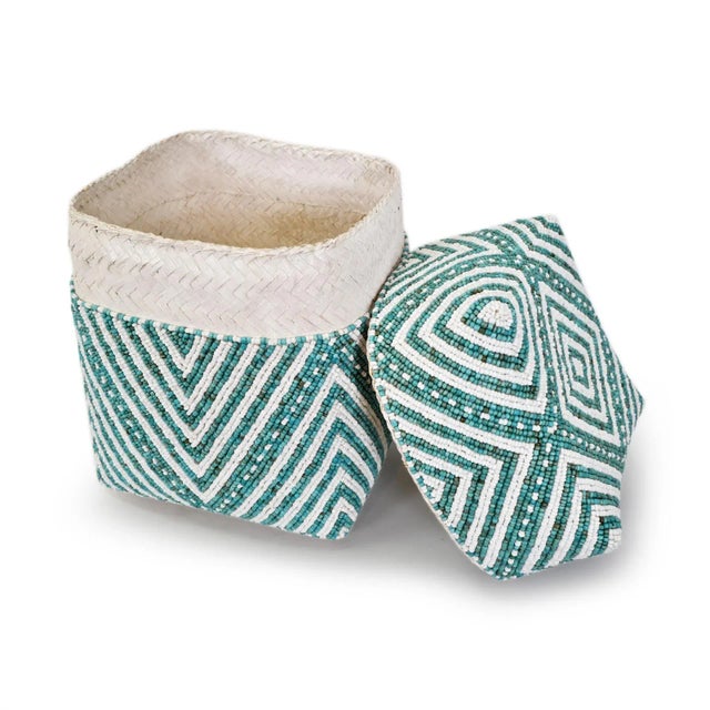 Beautiful vintage hand beaded accessory box made from woven bamboo and intricately covered with geometric triangle...