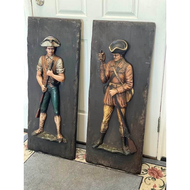 Wood Pair of Large HTF Midcentury 1960s American Revolutionary War Minutemen Soldiers 3d Wall Decor Rough Luxe Appeal For Sale - Image 7 of 10