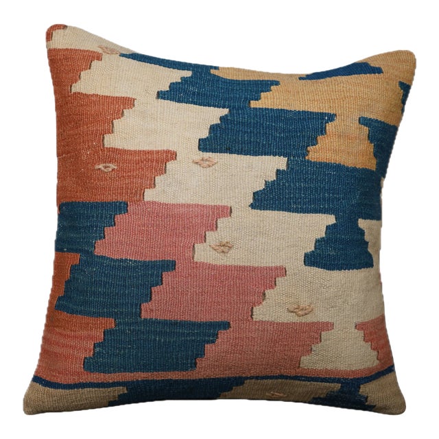 Pastel Tribal Kilim Pillow Cover – 16x16 Vintage Handwoven Textile For Sale