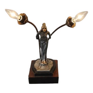 Antique Art Nouveau Figural Spelter “Lady" Table Lamp, 12” High For Sale