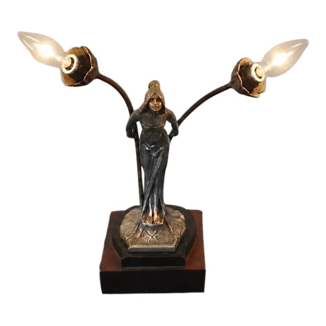 Antique Art Nouveau Figural Spelter “Lady" Table Lamp, 12” High For Sale