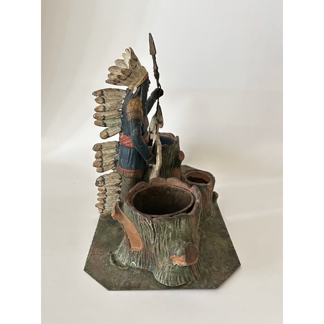 Art Deco Antique Figural Native American Cold Painted Spelter Smoking Desk Set For Sale - Image 3 of 10