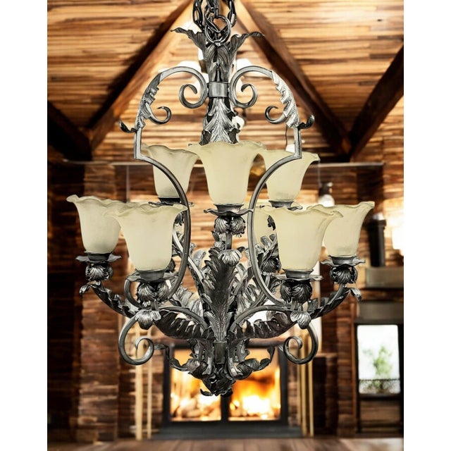 Mid 20th Century French Art Deco 9-Light Hand-Forged Wrought Iron Acanthus Chandelier For Sale - Image 17 of 18