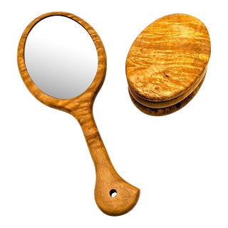 1980s Studio Crafted Sugar Maple Wood Hand Mirror and Trinket Box, Set of 2 For Sale