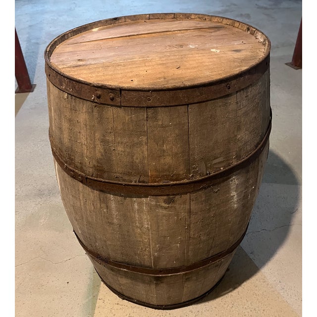 Wood Antique Oak Barrel Weathered Staves Forged Iron Bands Farmhouse Primitive For Sale - Image 7 of 7