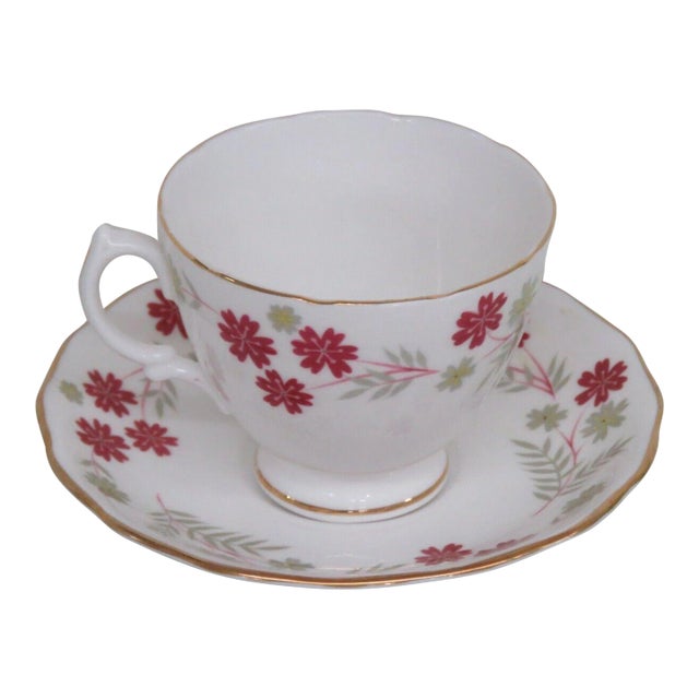 Royal Vale England Bone China Burgundy Floral Tea Cup and Saucer Set For Sale