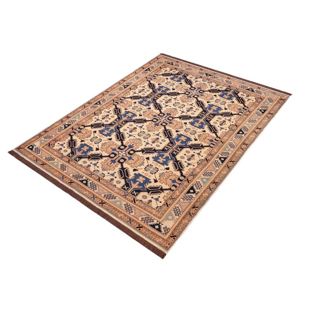 Abstract Bohemian Kargahi 1980's Beige/Blue Wool Rug - 5'6'' X 9'2'' For Sale - Image 3 of 10