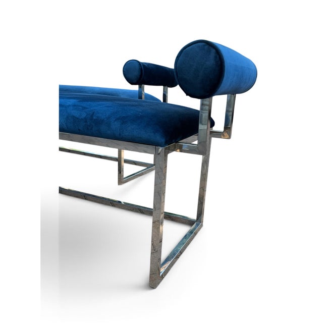Pair of Hollywood Regency Cobalt Blue Velvet & Chrome Benches For Sale In Miami - Image 6 of 11