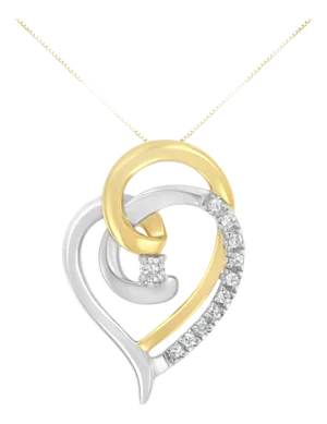 10K Yellow and White Gold Diamond Accent Open Double Heart Spiral Curl 18" Pendant Necklace