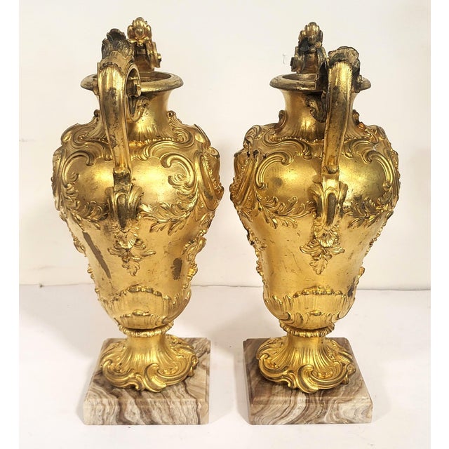 Pair Antique French 19th C Rococo Gilt Bronze Urns Barbedienne Vase on Marble For Sale In New York - Image 6 of 18