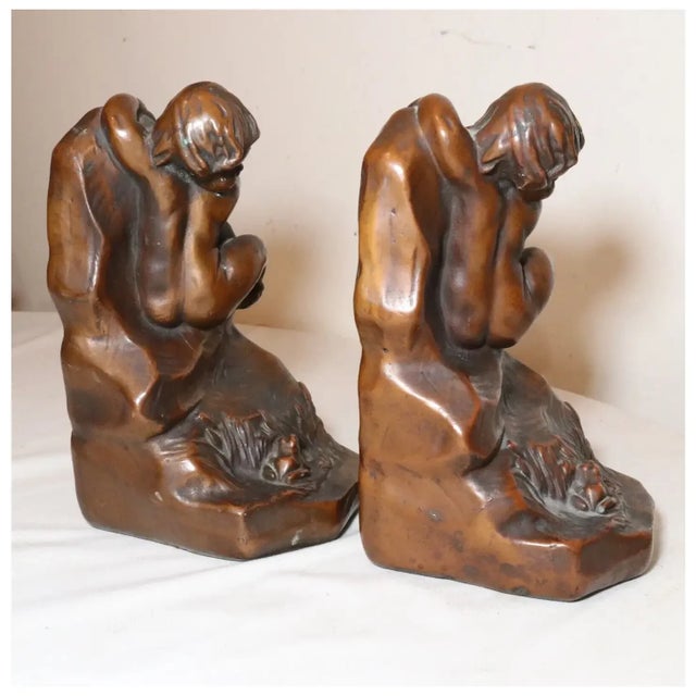 19th Century Large Pair of Antique Armor Patinated Bronze Clad Co. Nude Cherub Frog Bookends For Sale - Image 5 of 12
