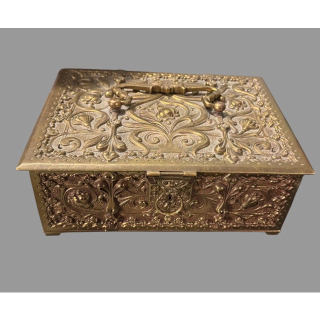 Gold Antique Victorian Art Nouveau German Embossed Gilt Metal Humidor Box Chest For Sale - Image 8 of 8
