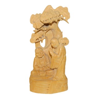 Zen Master Lecture Under Juniper Tree Box Wood Carving Figure N591S For Sale