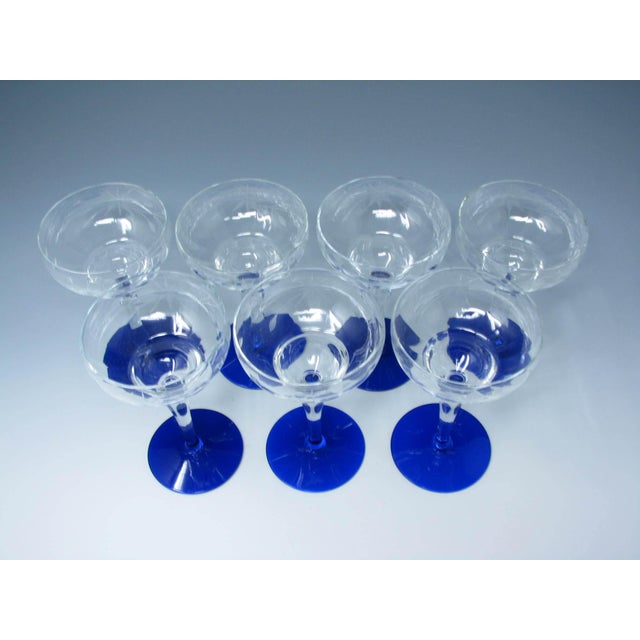 Vintage 1930s Weston Cut Glass Liquor Cocktail Goblets With Floral Design and Cobalt Foot - 7 Pieces For Sale - Image 4 of 13