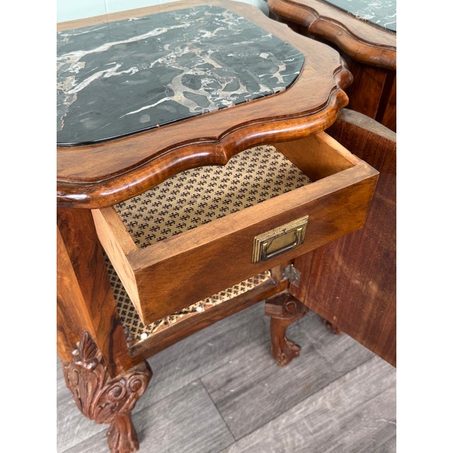 Vintage Walnut Bedside Tables with Marble Top, 1930s, Set of 2 For Sale - Image 9 of 18