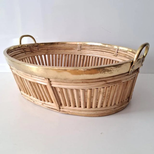 Oval Serving Basket in Rattan and Brass, 1970s For Sale - Image 12 of 13