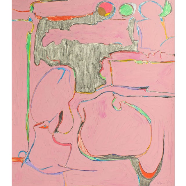A 1981 abstract mixed media painting by the American artist Harry Hilson (1935-2004). This abstract work features a pink...