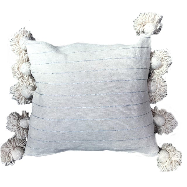 Moroccan Cream & Silver Pompom Pillow Cover For Sale - Image 3 of 3