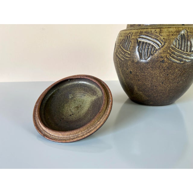 1980s Mid-Century Speckled Glaze Studio Pottery Jar With Lid/ Sold For Sale - Image 5 of 10