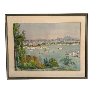 Vintage Framed Original Watercolor Painting of San Diego Bay by Gladys Day For Sale