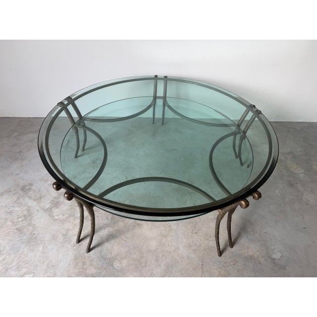 1980s Vintage Two-Tier Hand-Hammered Metal & Glass Round Coffee Table For Sale - Image 4 of 12