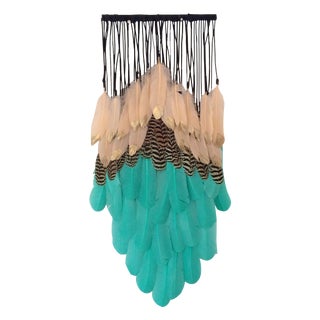 Aqua Green & Peach Dipped Feathers Wall Hanging For Sale