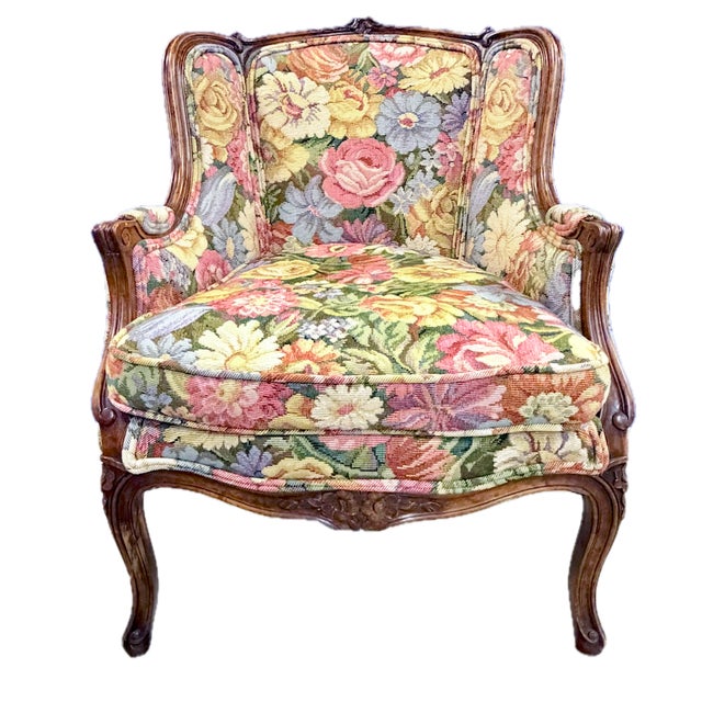 19th Century Antique Hand-Carved and Floral Needlepoint Bergere For Sale - Image 5 of 14