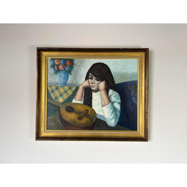 Mid-Century Modern 1960's Abati Young Woman With Mandolin Oil Painting, Framed For Sale - Image 3 of 13