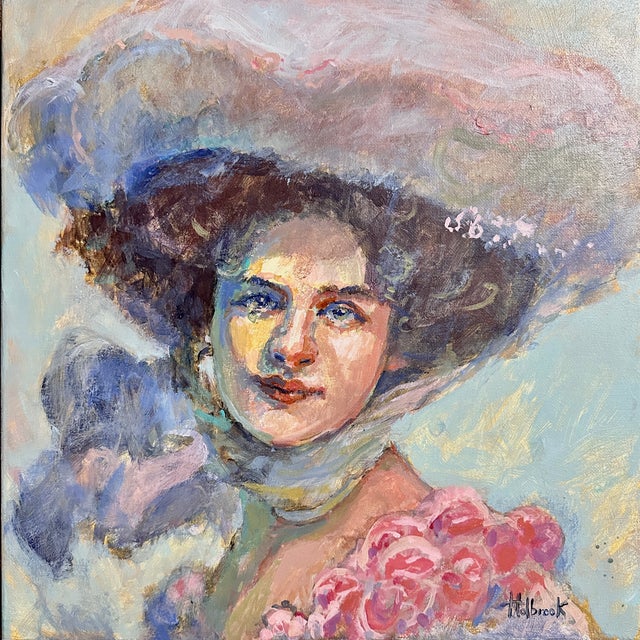 Textile Vintage Painting of an Edwardian Woman With Hat & Scarf For Sale - Image 7 of 9