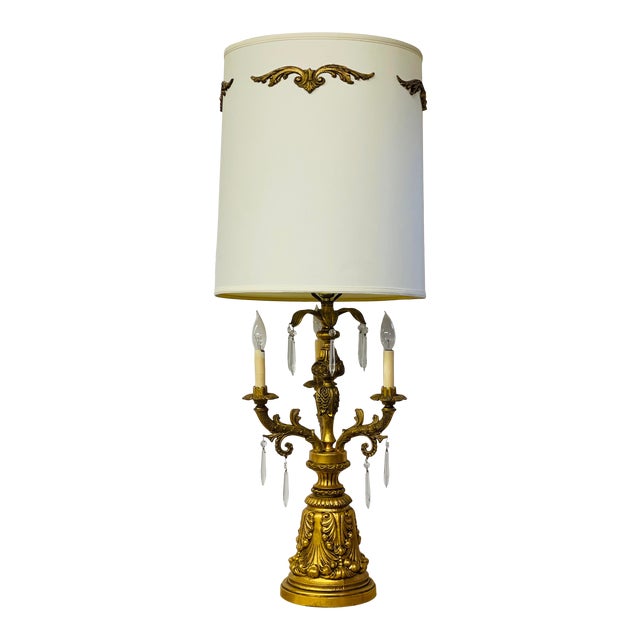 Early 20th Century French Gold Gilt 3-Arm Candelabra Lamp With Shade For Sale