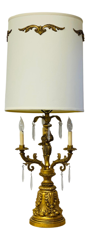 Early 20th Century French Gold Gilt 3-Arm Candelabra Lamp With Shade