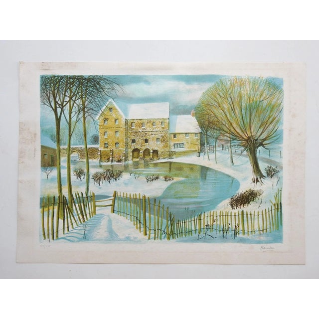 Vintage Mid Century Winter Landscape Lithograph For Sale - Image 4 of 5
