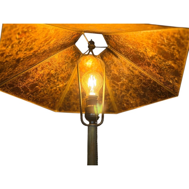 Antique 1910s Edward Miller Table Lamp With Original Copper Finish, 1920s Orange and Gold Mica Shade With Rewired Pullchain Socket For Sale - Image 11 of 18