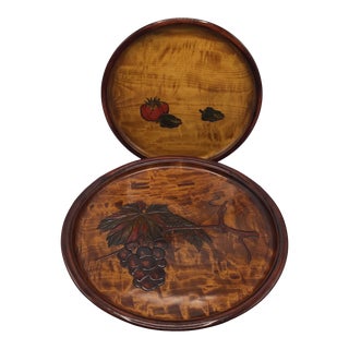 Vintage Japanese Okayama Carved Wood Serving Trays Grape and Tomato/Pepper - a Pair For Sale
