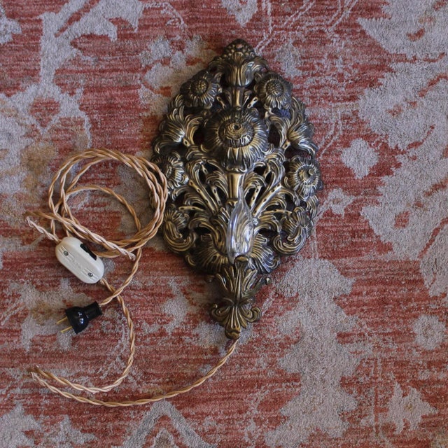 Pair of Antique Continental Brass Repoussé Sconces For Sale - Image 12 of 15