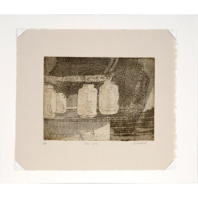 Still life etching with jars by Doris Ann Warner (American, 1925-2010). Four jars sit on a countertop. Overlapping fabric...