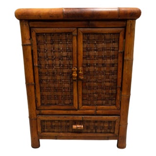 Vintage 1970s Honey-Toned Bamboo & Woven Rattan Cabinet For Sale