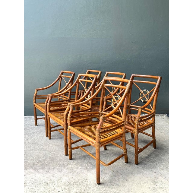 Mid-Century Modern Vintage McGuire Target Back Rattan Dining Chairs - Set of 6 For Sale - Image 3 of 18